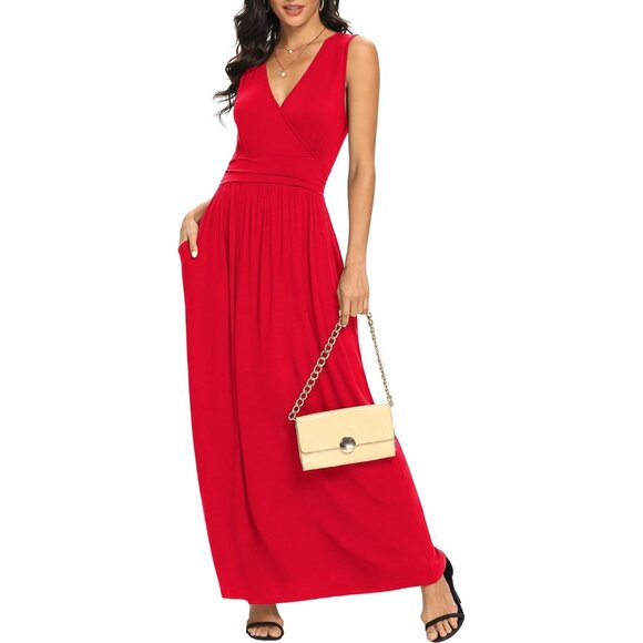 Women Red Deep V Neck Sleeveless Loose Plain Long Maxi Stretchy Dress - Picture 1 of 6